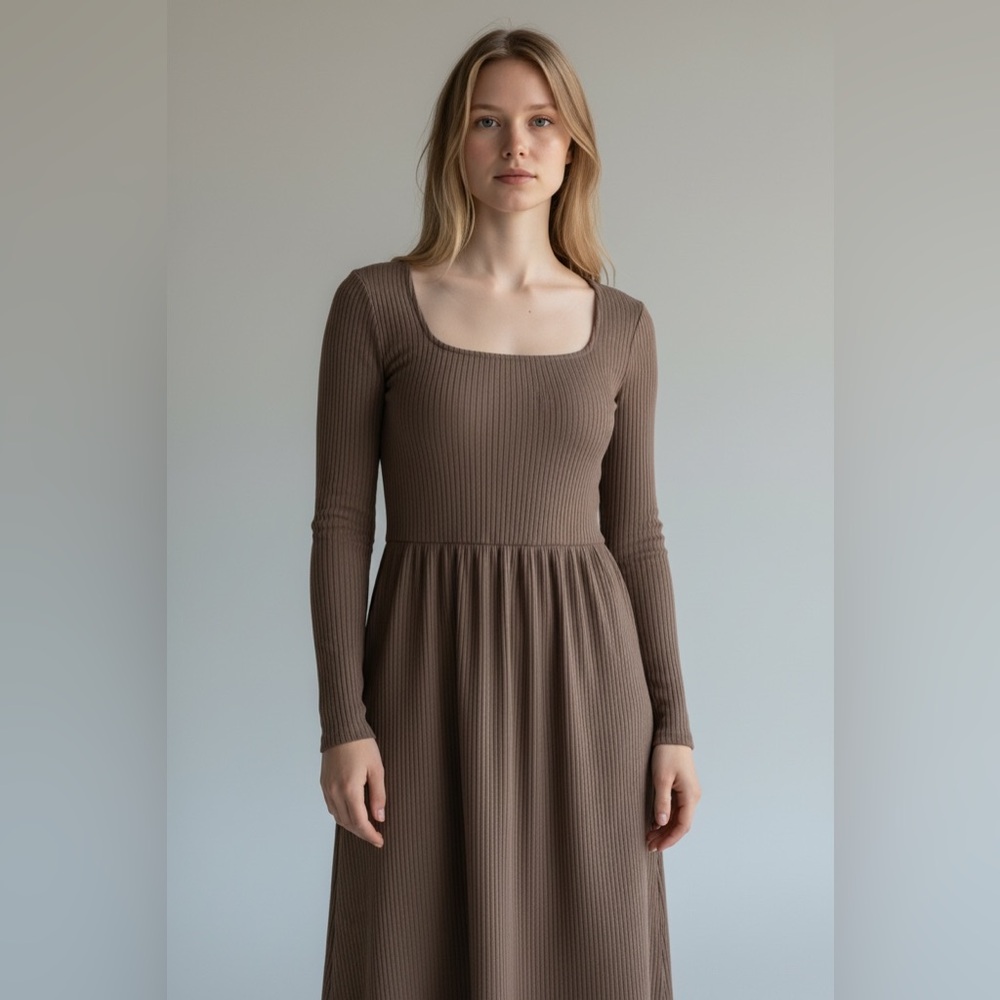 Zeagoo Brown Ribbed Knit Long Sleeve Sweater Dress Pockets Womens Medium Stretch